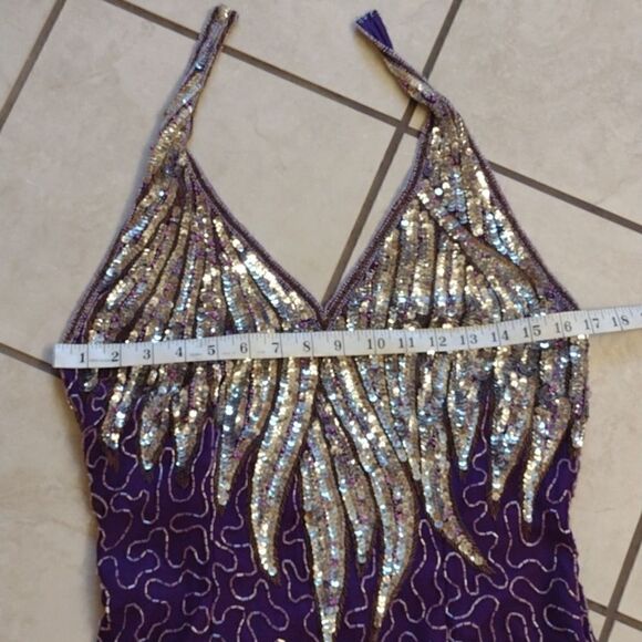 Carina Purple Silk beaded halter minidress halter top sparkle purple silver S - Picture 13 of 15